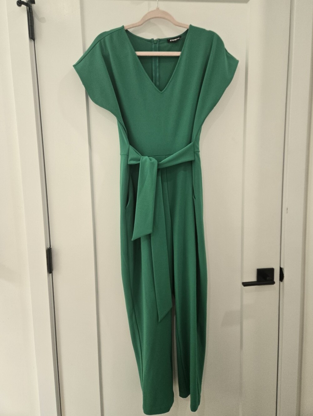 Express Emerald Green V-Neck Tie-Waist Jumpsuit - Picture 3 of 12